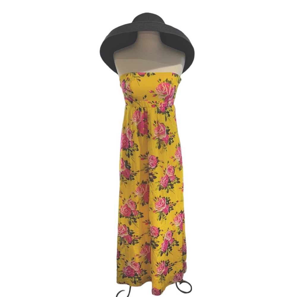 Vtg Betsey Johnson Silk Strapless Maxi Dress Yellow Rose Floral Coquette Sz 2 - Picture 3 of 16